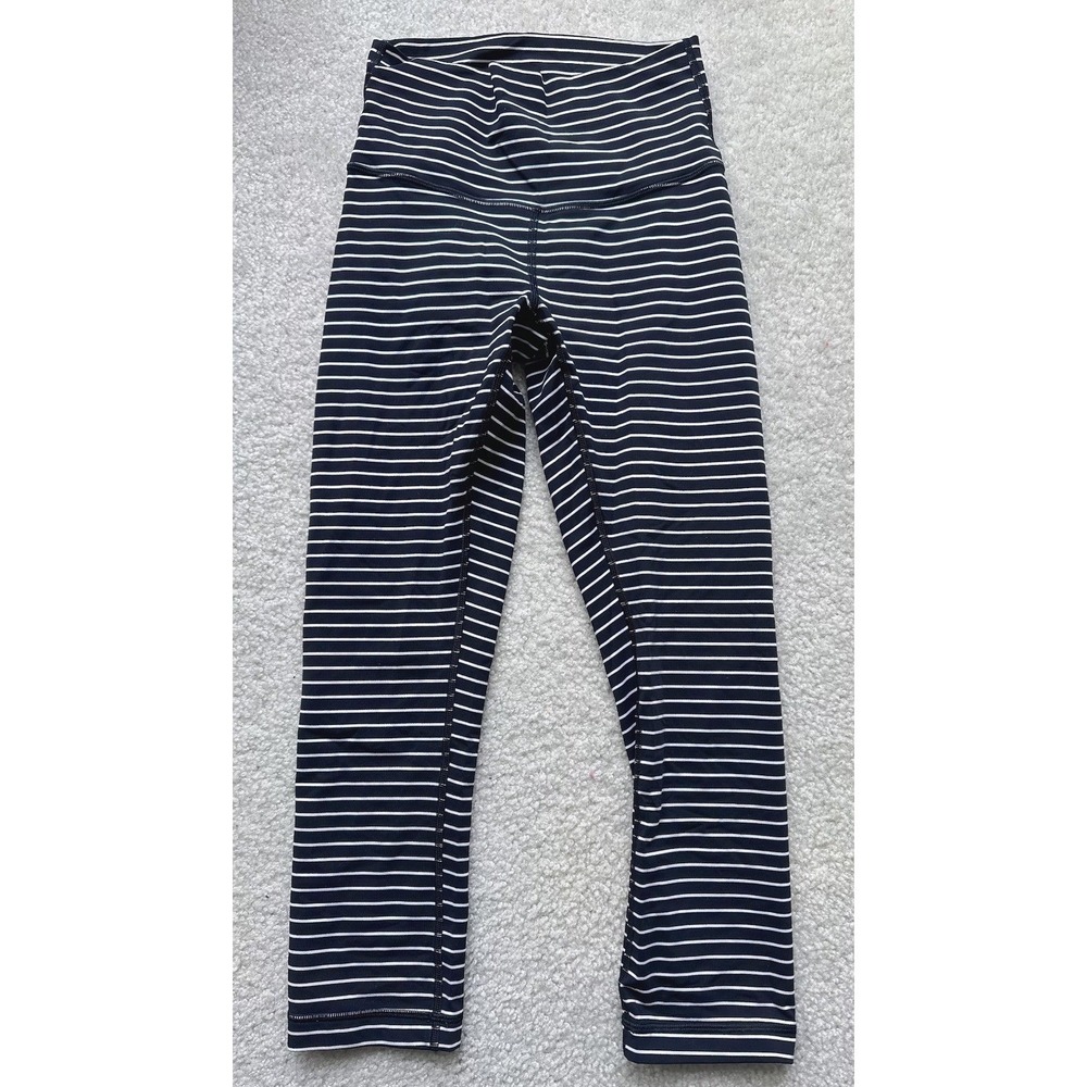 Lululemon Wunder Under Crop Leggings Pants 4 Black White Stripe High Rise 21"